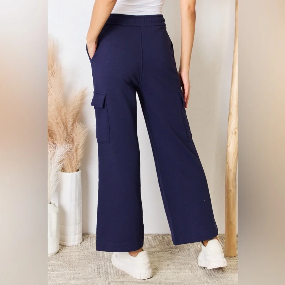 NEW RISEN Navy Blue High Waisted Cargo Pocket Wide Leg Lounge Pants Sweatpants - Picture 5 of 5